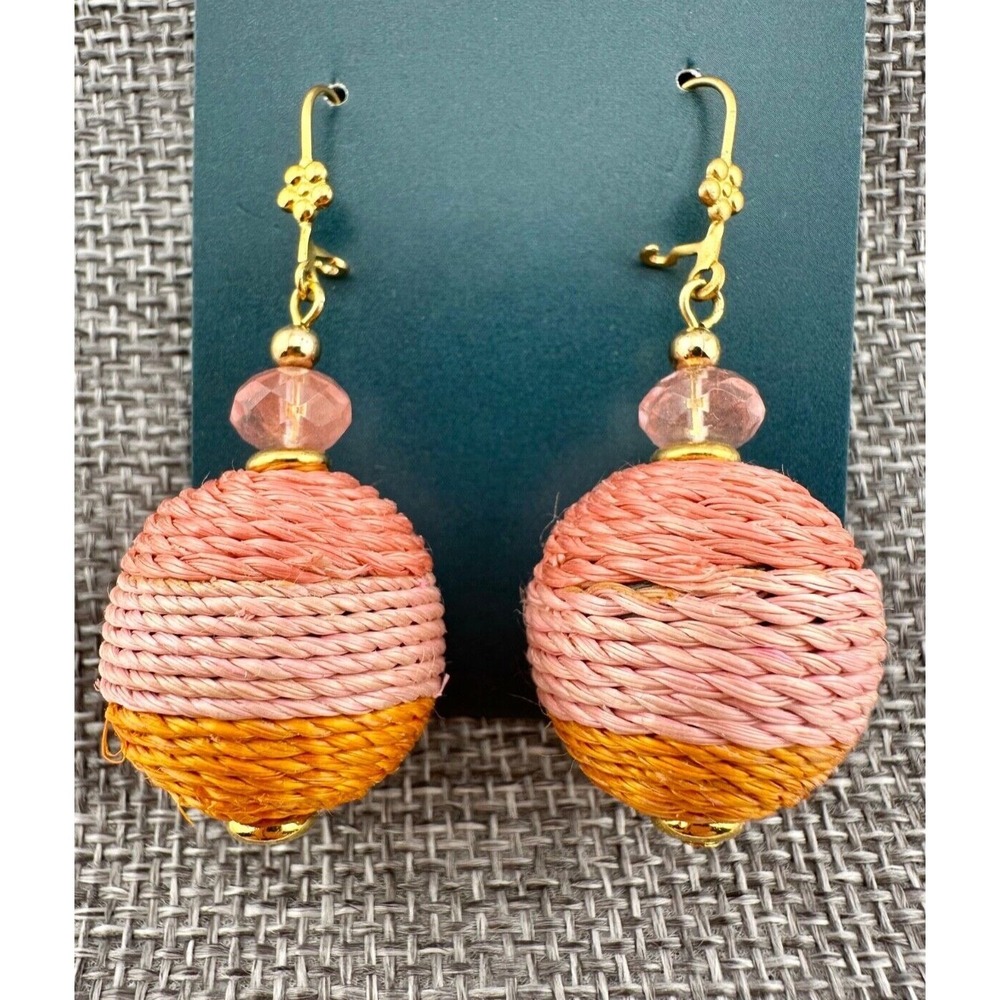 Braided Raffia Globe Earrings Pink & Orange Handcrafted NEW - Picture 2 of 4